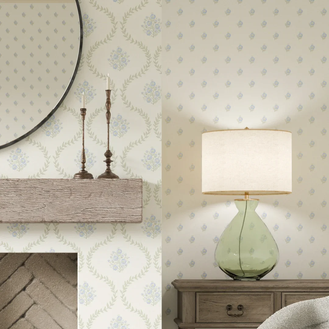 Posy Trellis Wallpaper in Blue and Sage on Cream - Image 4