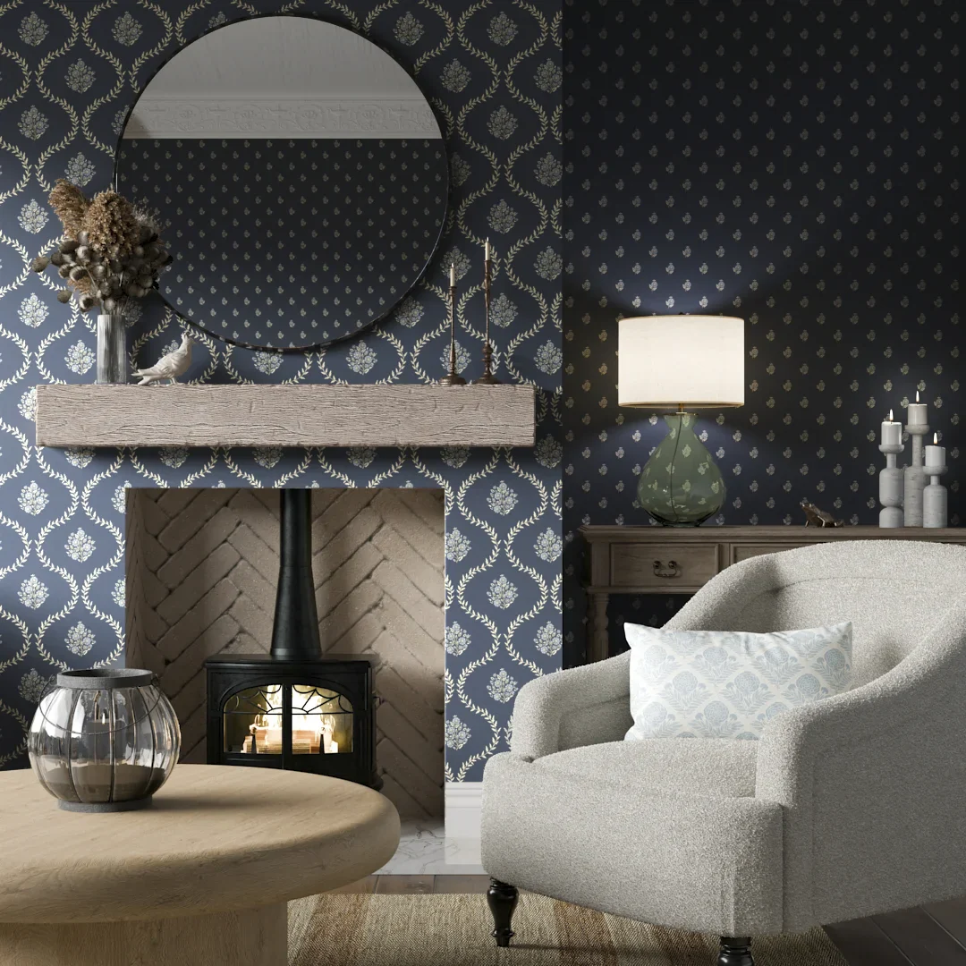 Posy Trellis Wallpaper in Cream on Navy - Image 2