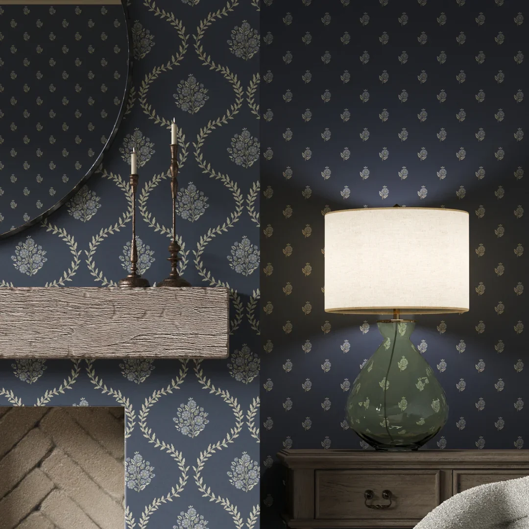 Posy Trellis Wallpaper in Cream on Navy - Image 3