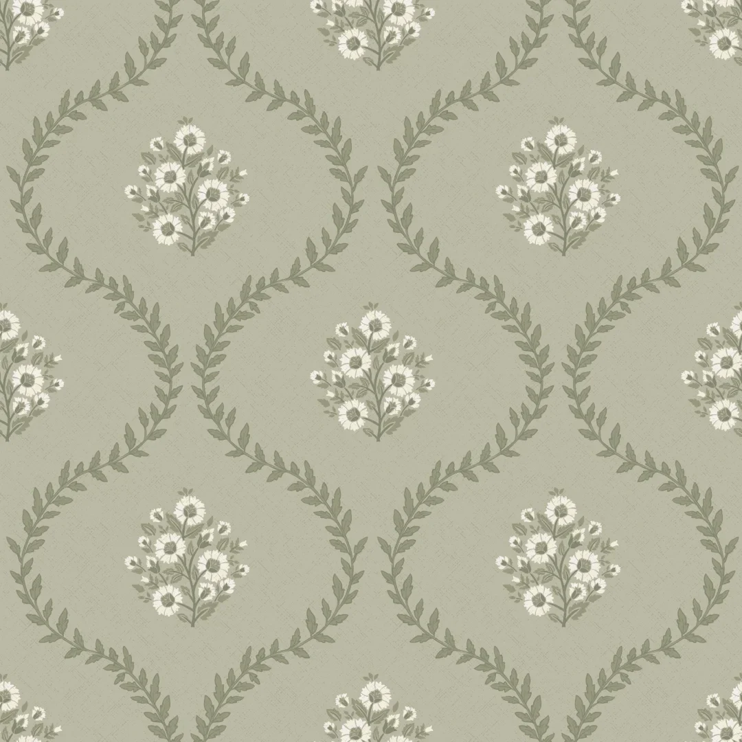 Posy Trellis Wallpaper in Cream on Organic Green