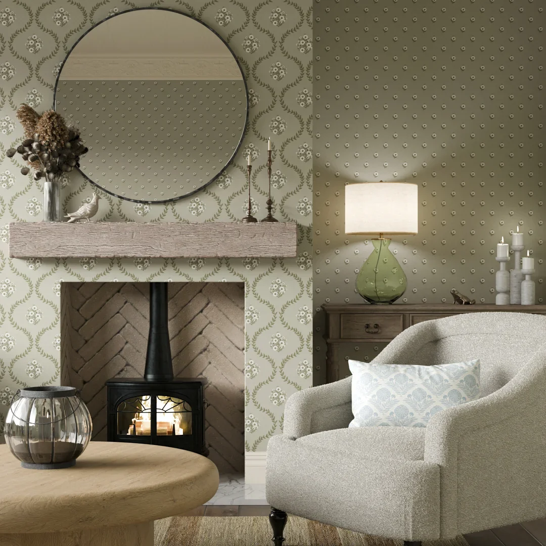 Posy Trellis Wallpaper in Cream on Organic Green - Image 2