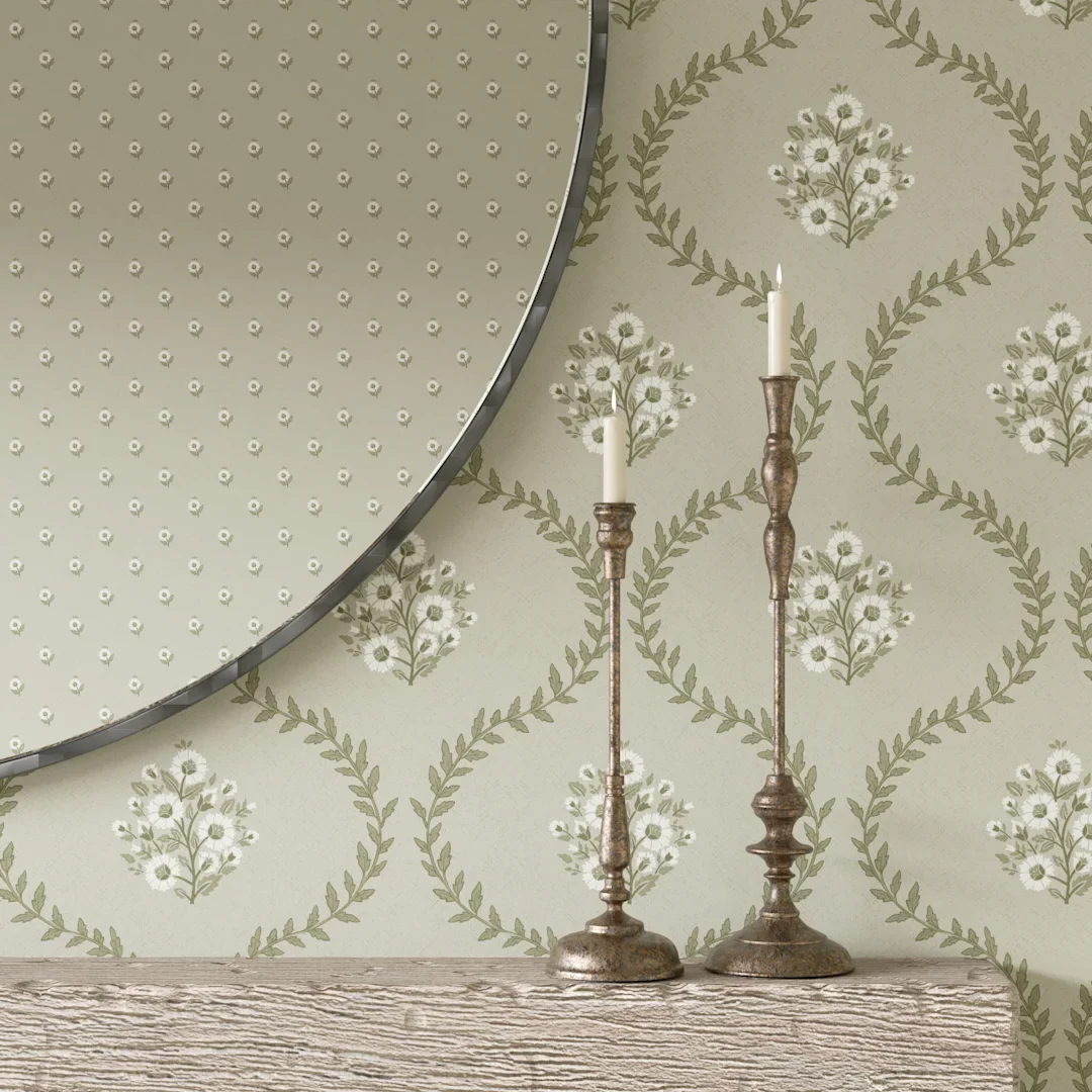 Posy Trellis Wallpaper in Cream on Organic Green - Image 3