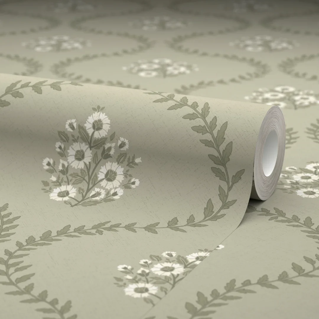 Posy Trellis Wallpaper in Cream on Organic Green - Image 4