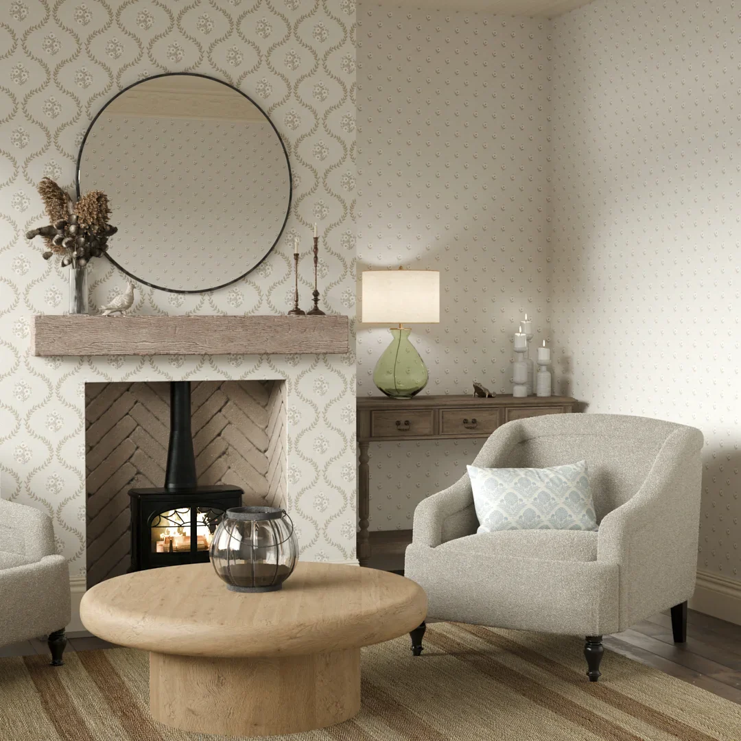 Posy Trellis Wallpaper in Taupe on Cream - Image 2