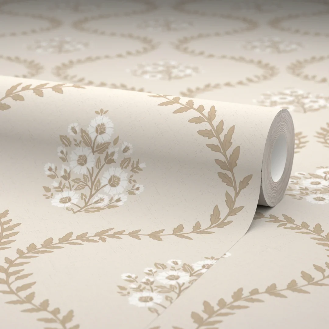 Posy Trellis Wallpaper in Taupe on Cream - Image 4