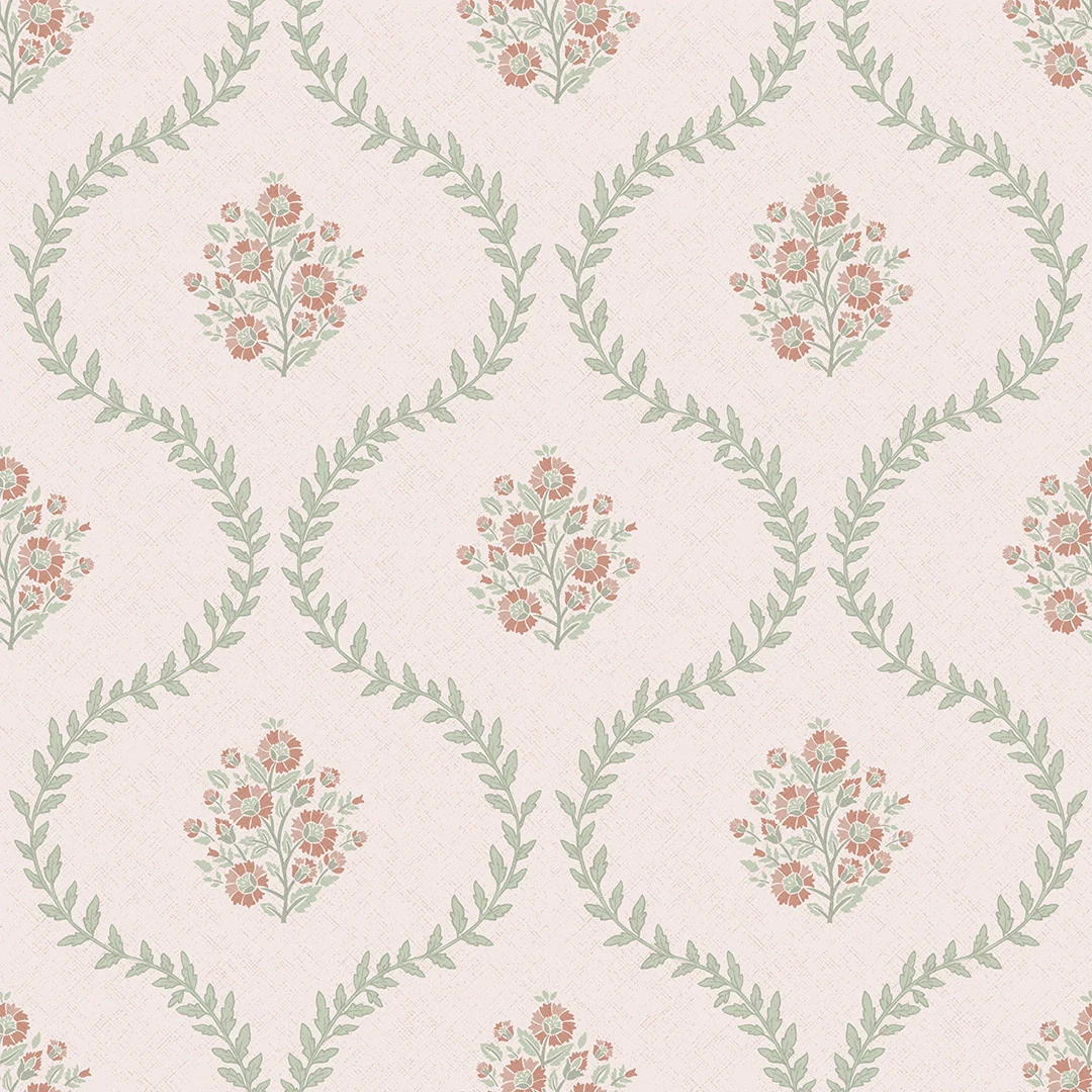 Posy Trellis Wallpaper in Vintage Pink and Sage
