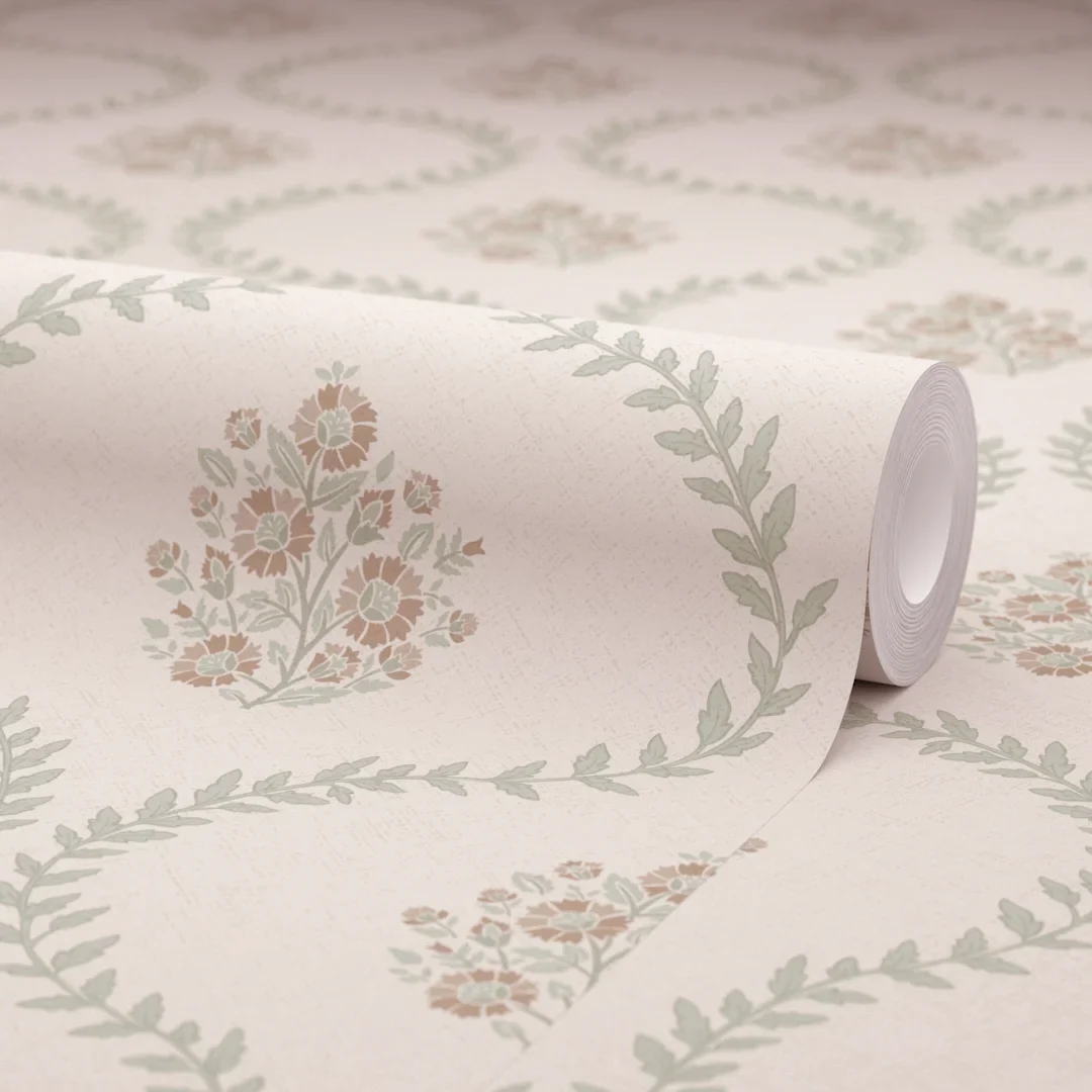 Posy Trellis Wallpaper in Vintage Pink and Sage - Image 4