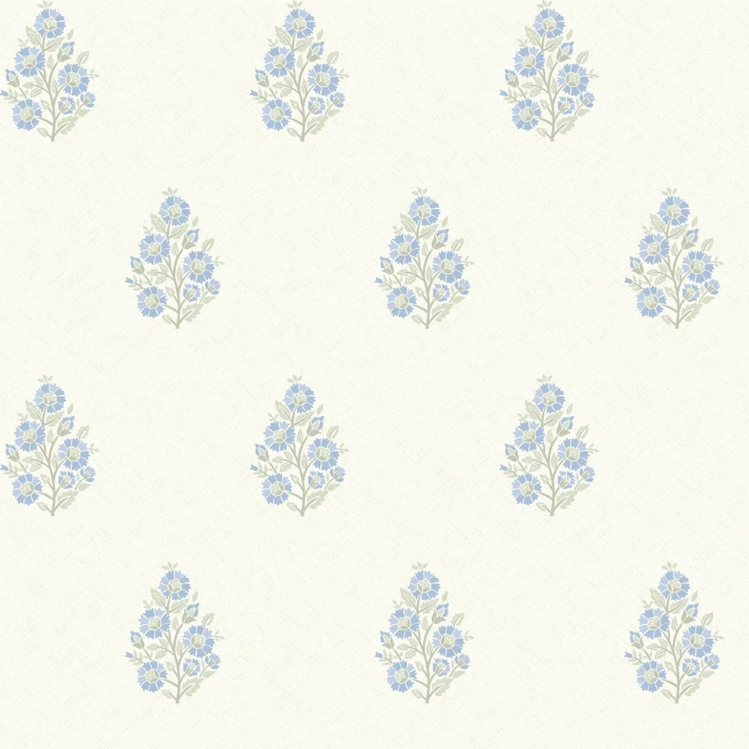 Posy Wallpaper in Blue and Sage on Cream