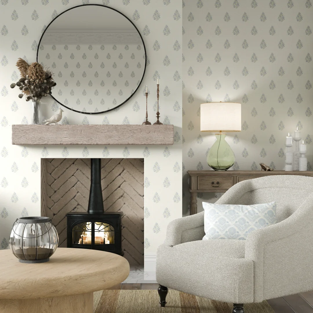 Posy Wallpaper in Blue and Sage on Cream - Image 2