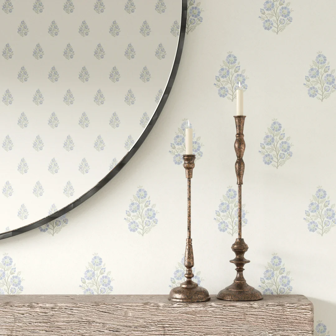 Posy Wallpaper in Blue and Sage on Cream - Image 3