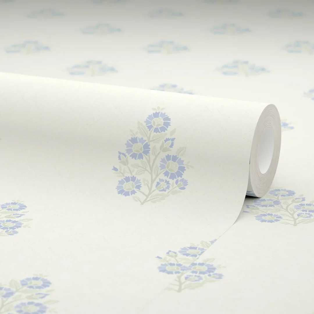 Posy Wallpaper in Blue and Sage on Cream - Image 4