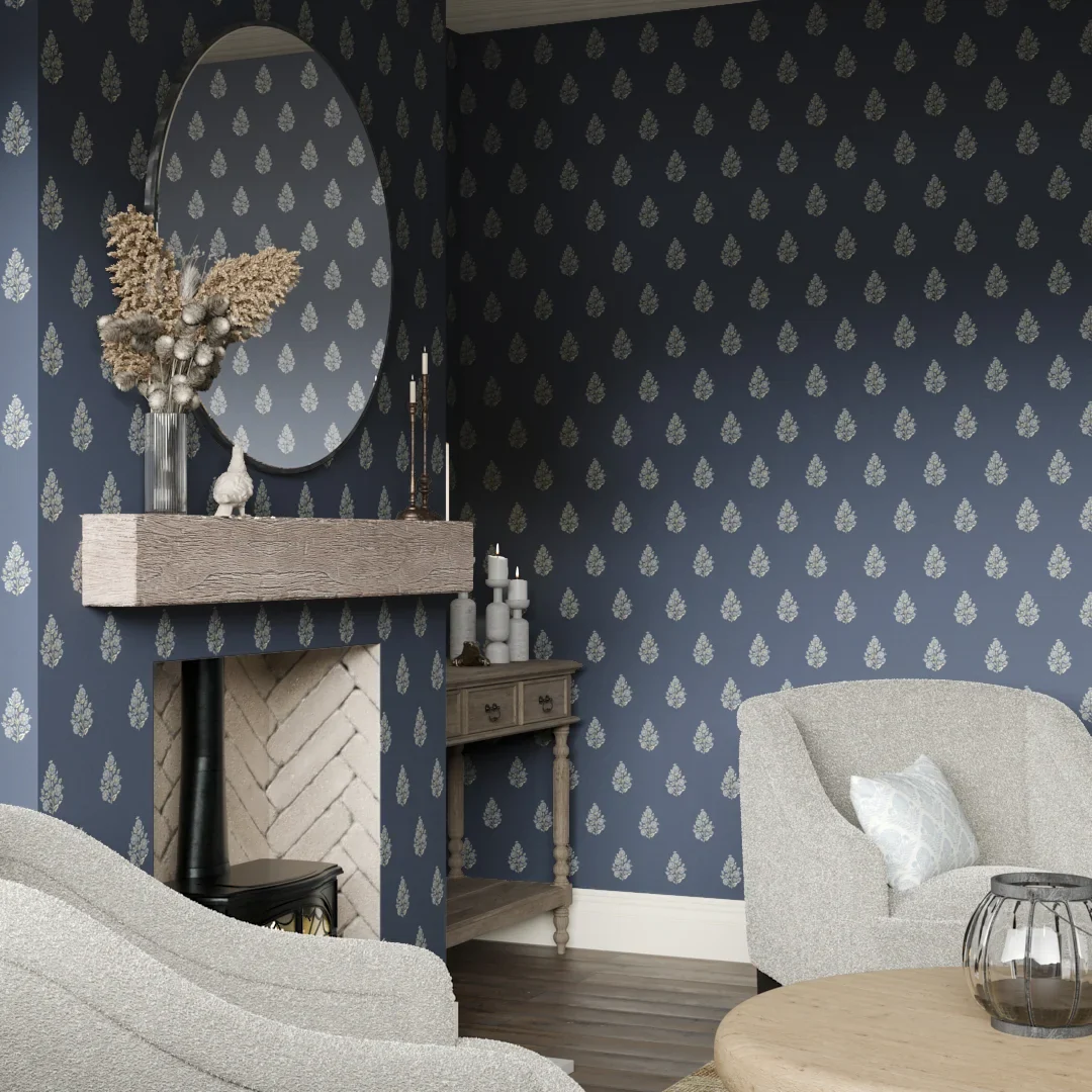 Posy Wallpaper in Cream on Navy - Image 2