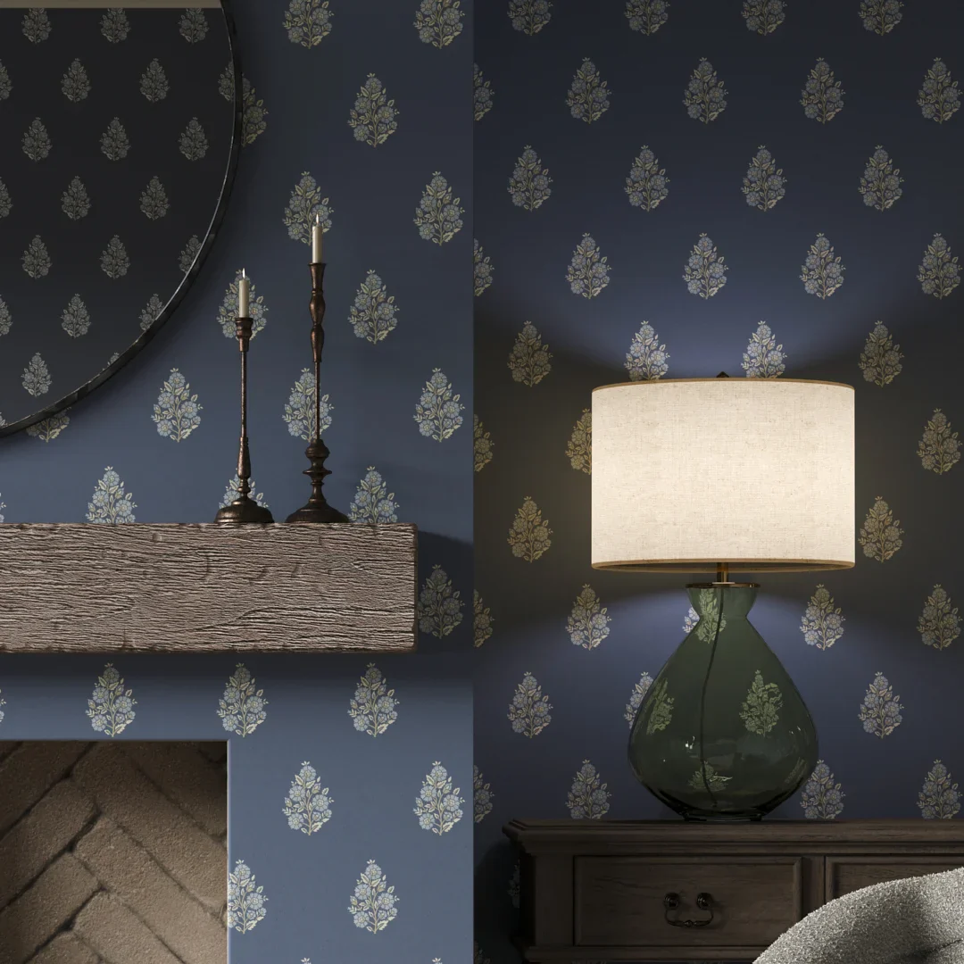 Posy Wallpaper in Cream on Navy - Image 3