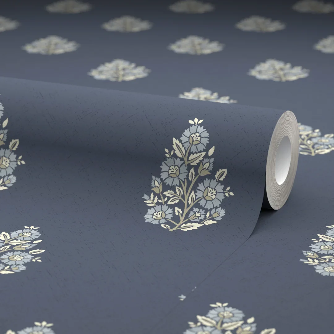 Posy Wallpaper in Cream on Navy - Image 4