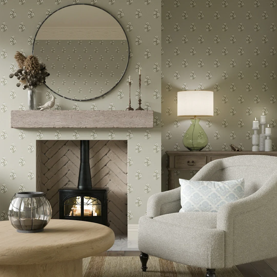 Posy Wallpaper in Cream on Organic Green - Image 2