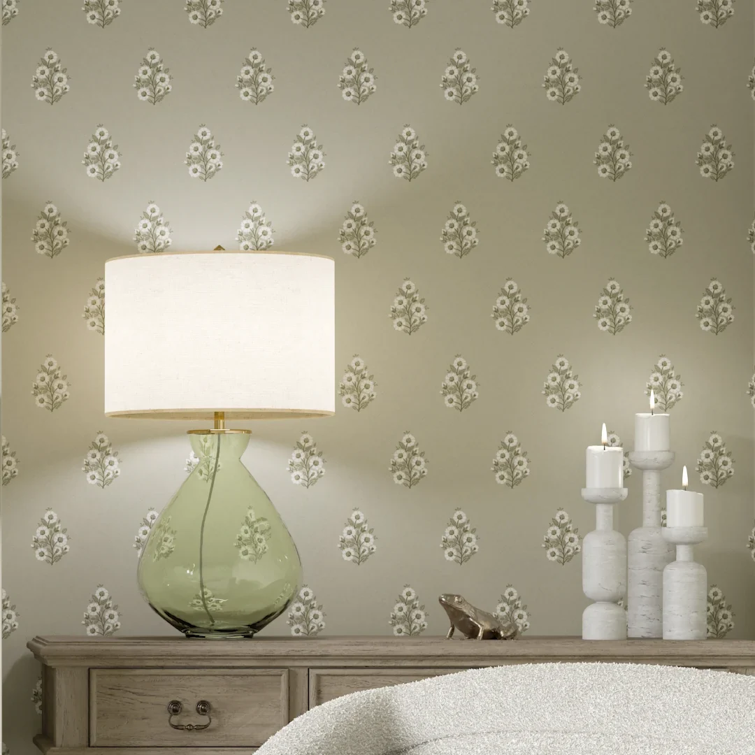 Posy Wallpaper in Cream on Organic Green - Image 3