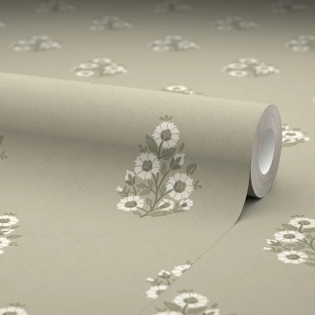 Posy Wallpaper in Cream on Organic Green - Image 4