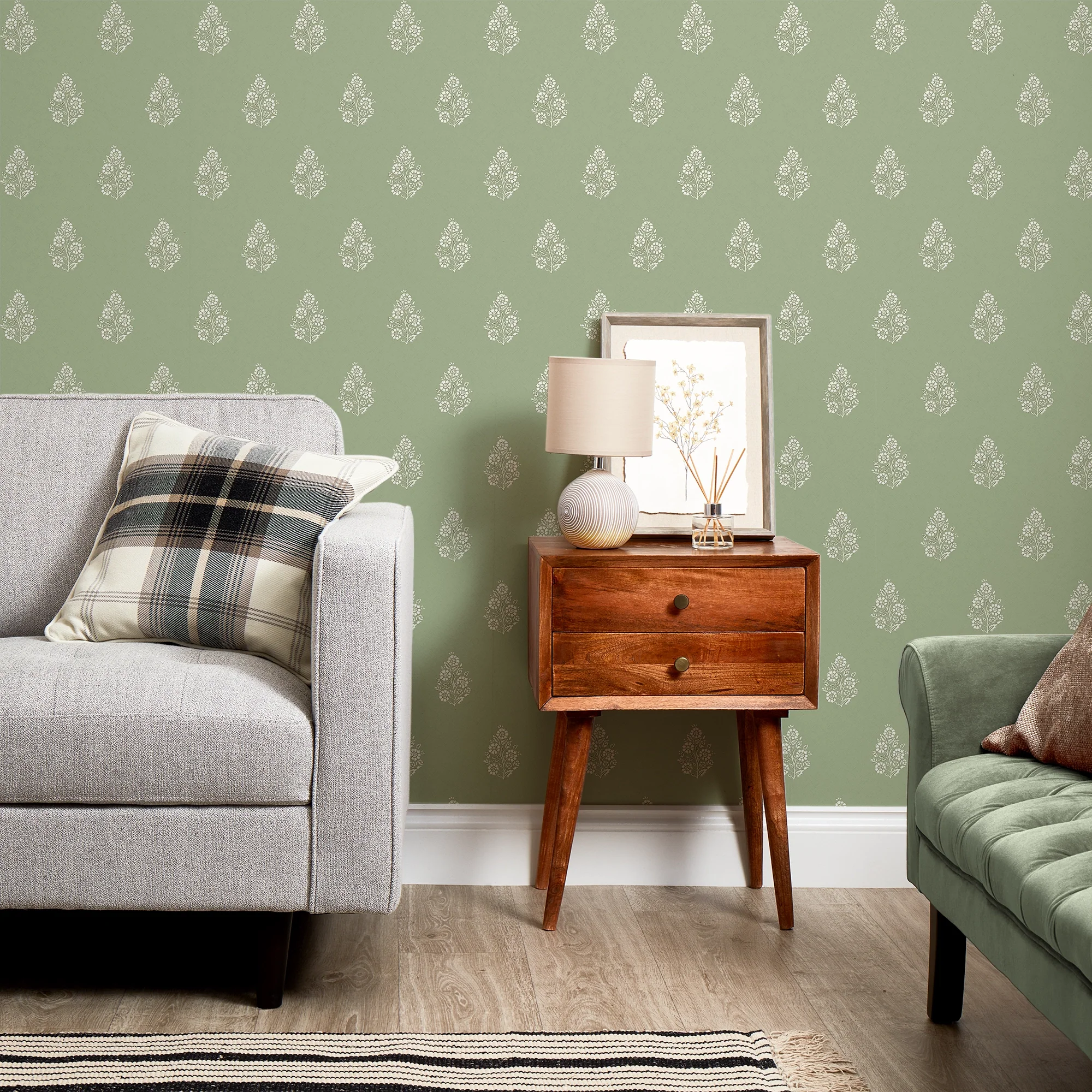 Posy Wallpaper in Cream on Pistachio - Image 2