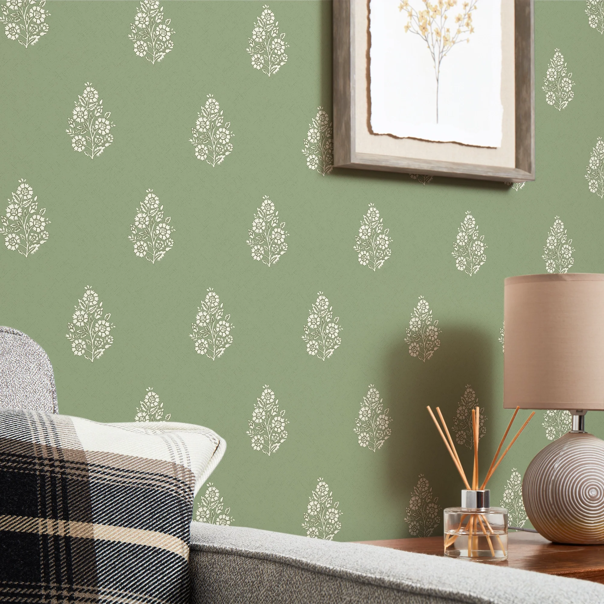 Posy Wallpaper in Cream on Pistachio - Image 3