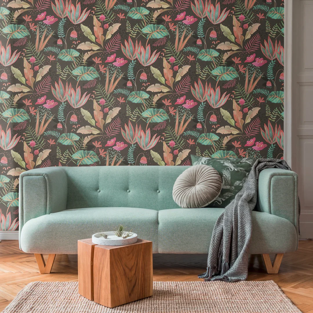 Psychedelic Jungle Wallpaper in Brights on Charcoal - Image 2