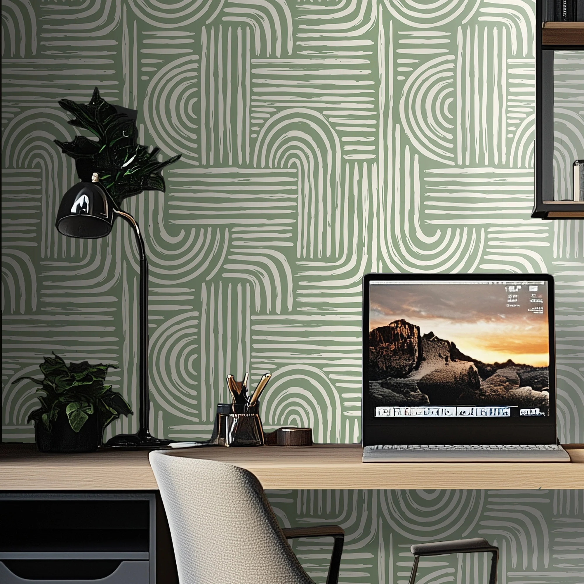 Raffia Curves Wallpaper in Cream on Pistachio - Image 2