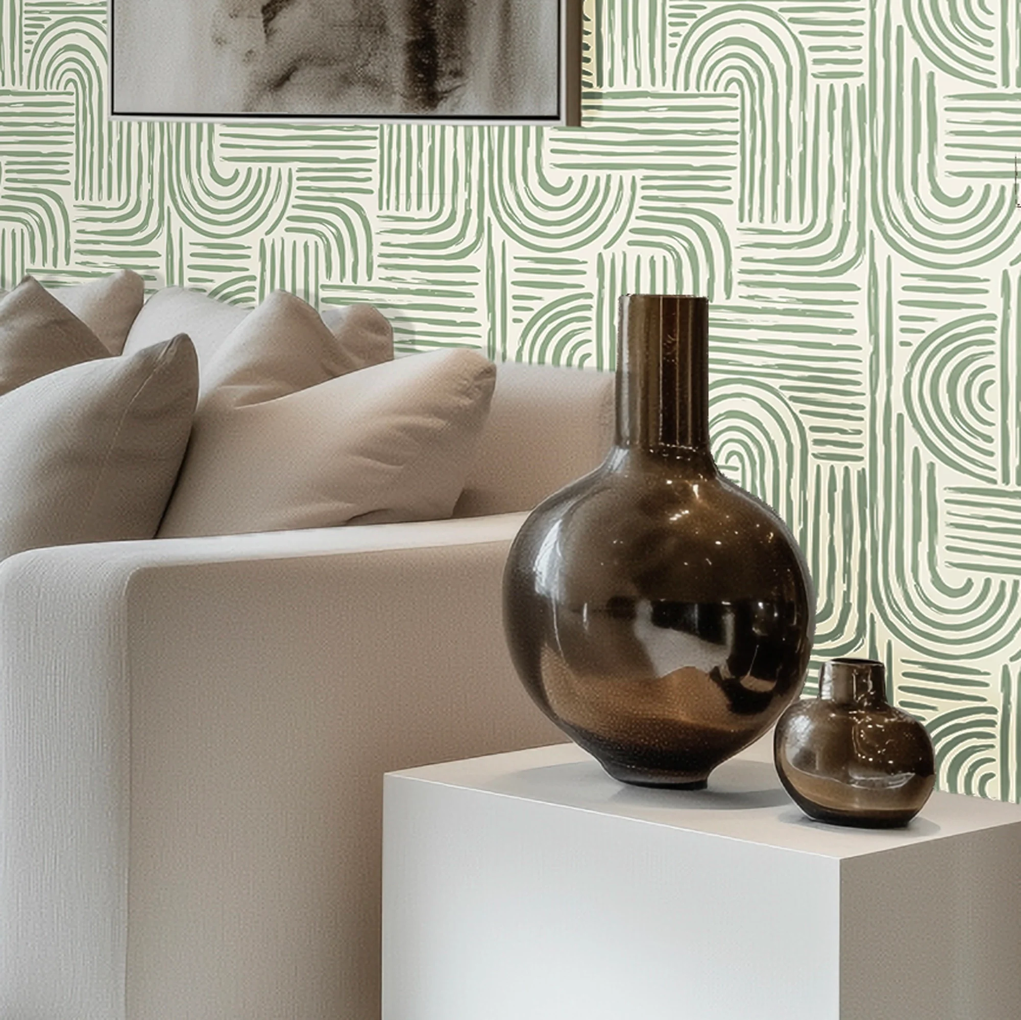 Raffia Curves Wallpaper in Pistachio on Cream - Image 2