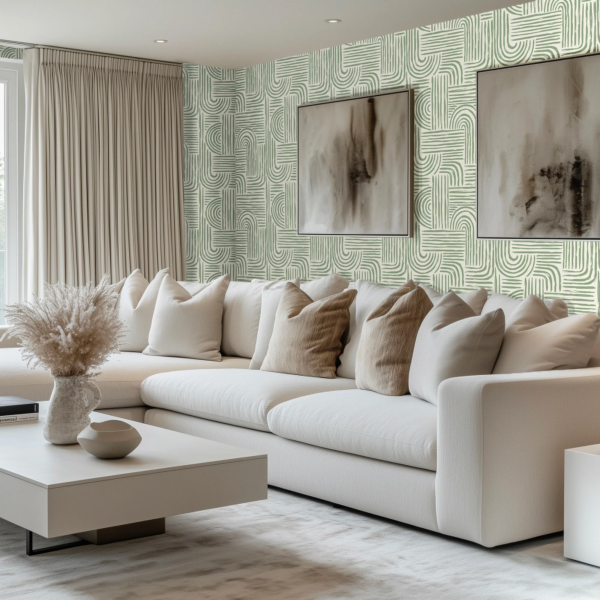 Raffia Curves Wallpaper in Pistachio on Cream - Image 3