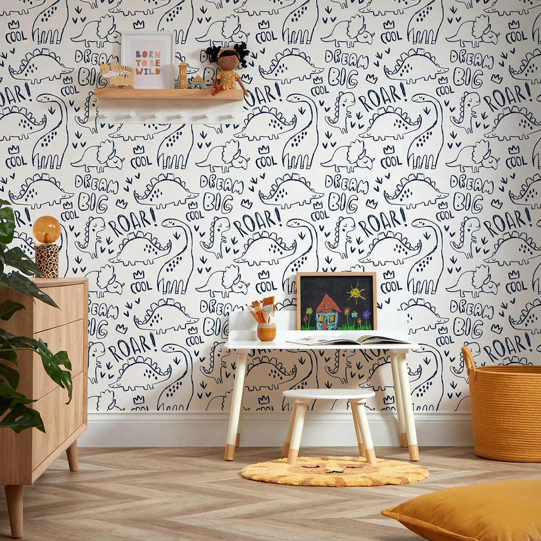 Roarsome! Wallpaper in Navy and White - Image 2