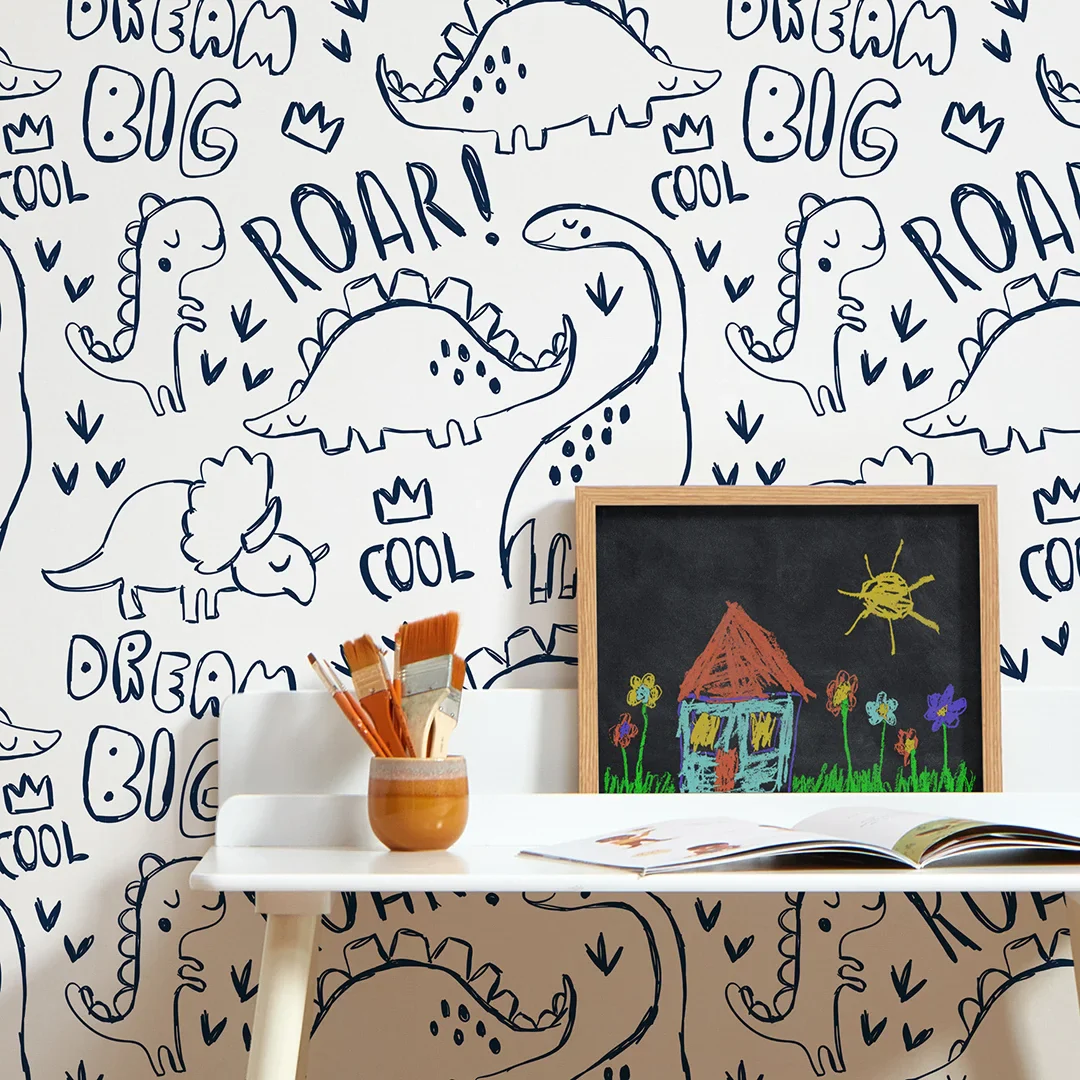 Roarsome! Wallpaper in Navy and White - Image 3
