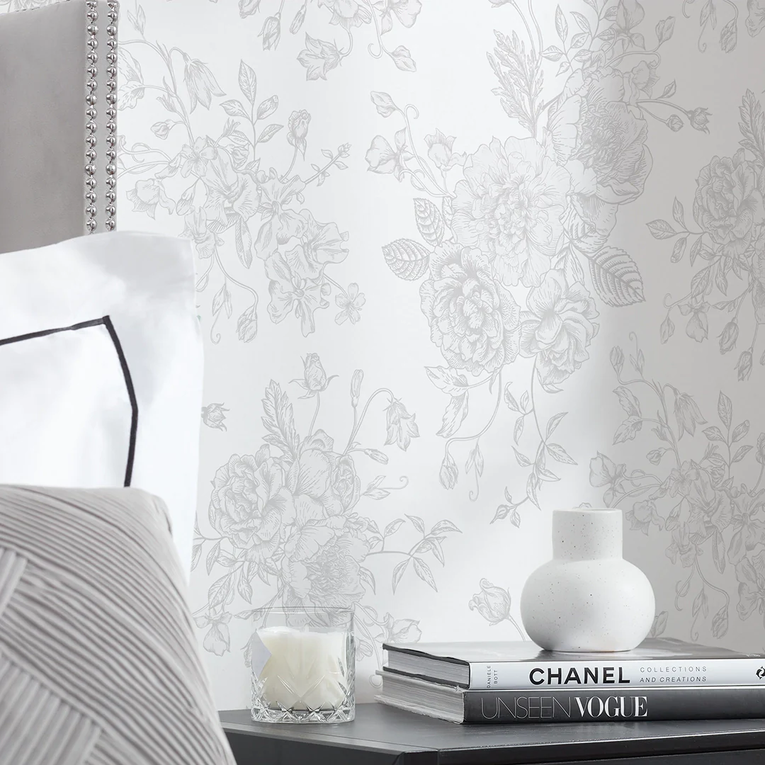Romantic Roses Wallpaper in Grey on White - Image 3