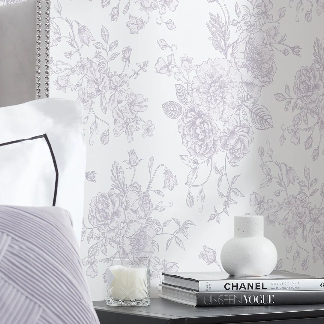 Romantic Roses Wallpaper in Lavender on White - Image 3