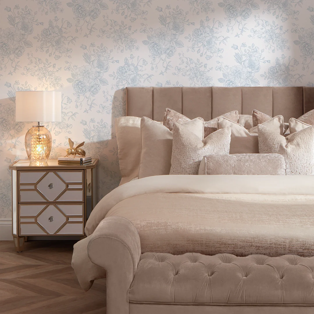 Romantic Roses Wallpaper in Soft Blue on White - Image 2