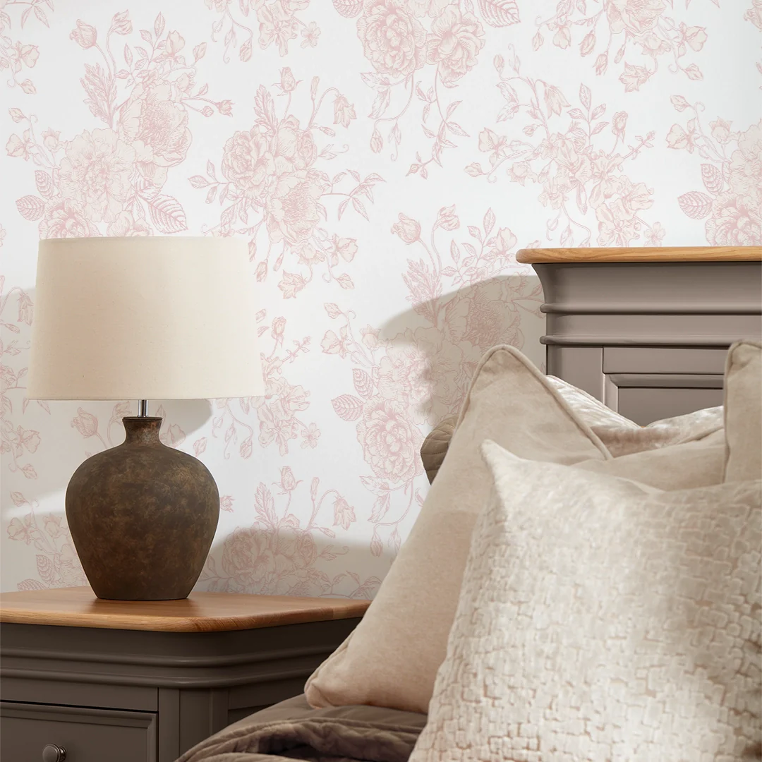 Romantic Roses Wallpaper in Soft Pink on White - Image 3