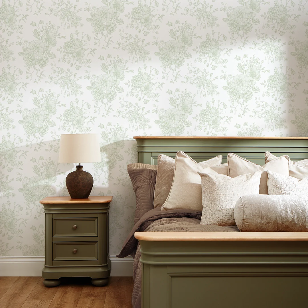 Romantic Roses Wallpaper in Soft Sage on White - Image 2