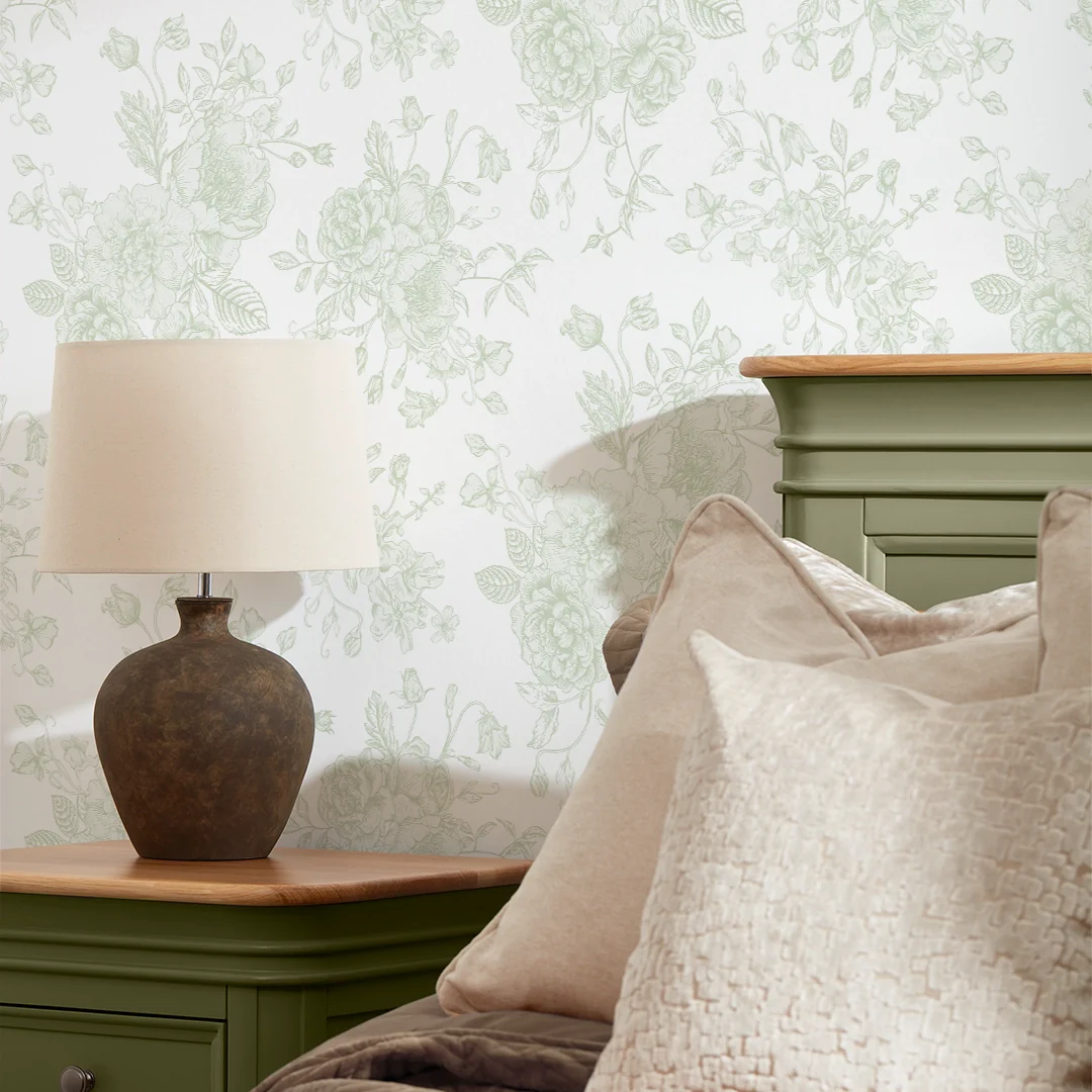 Romantic Roses Wallpaper in Soft Sage on White - Image 3