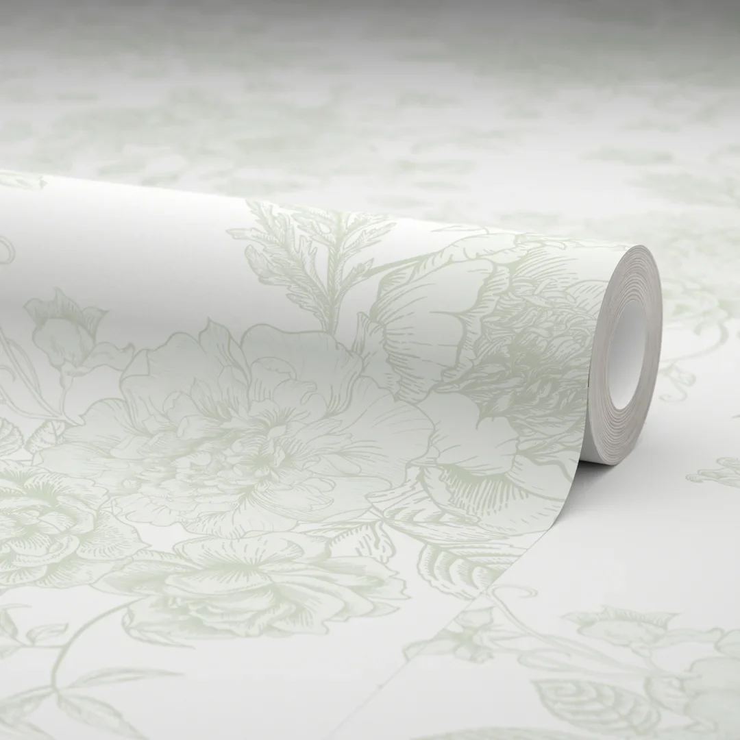 Romantic Roses Wallpaper in Soft Sage on White - Image 4