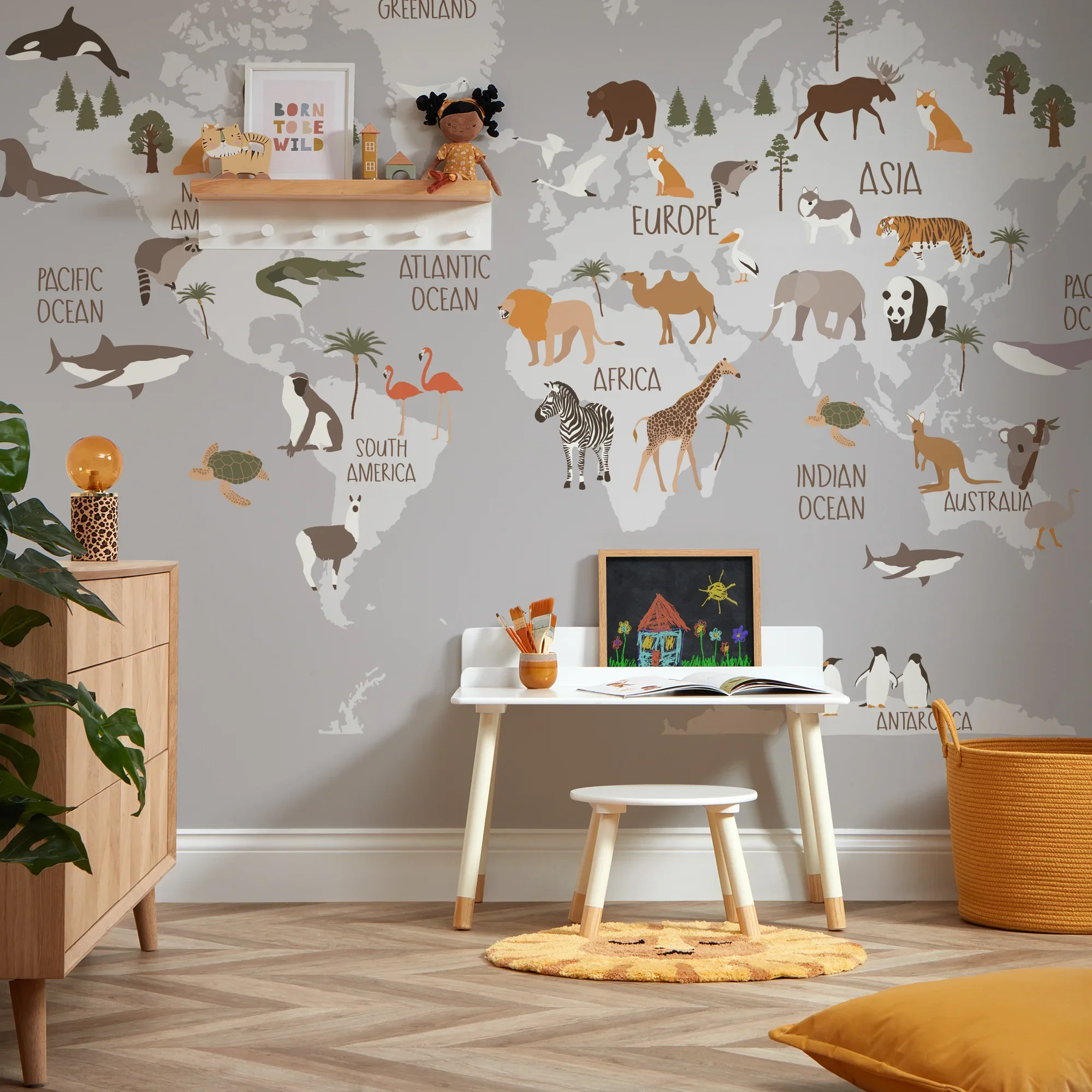 Scandi Safari Map Full Wall Mural in Grey - Image 2