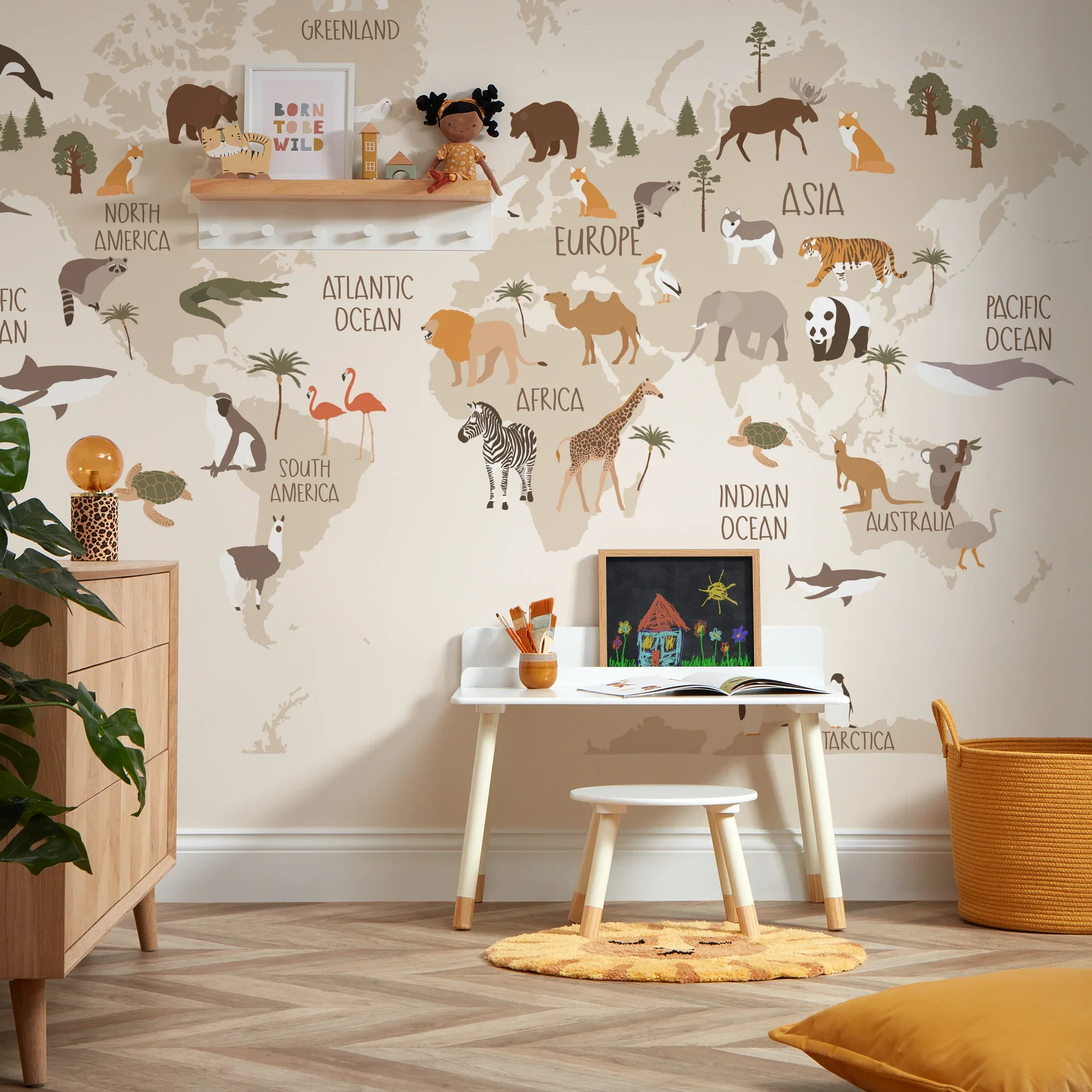 Scandi Safari Map Full Wall Mural in Natural - Image 2