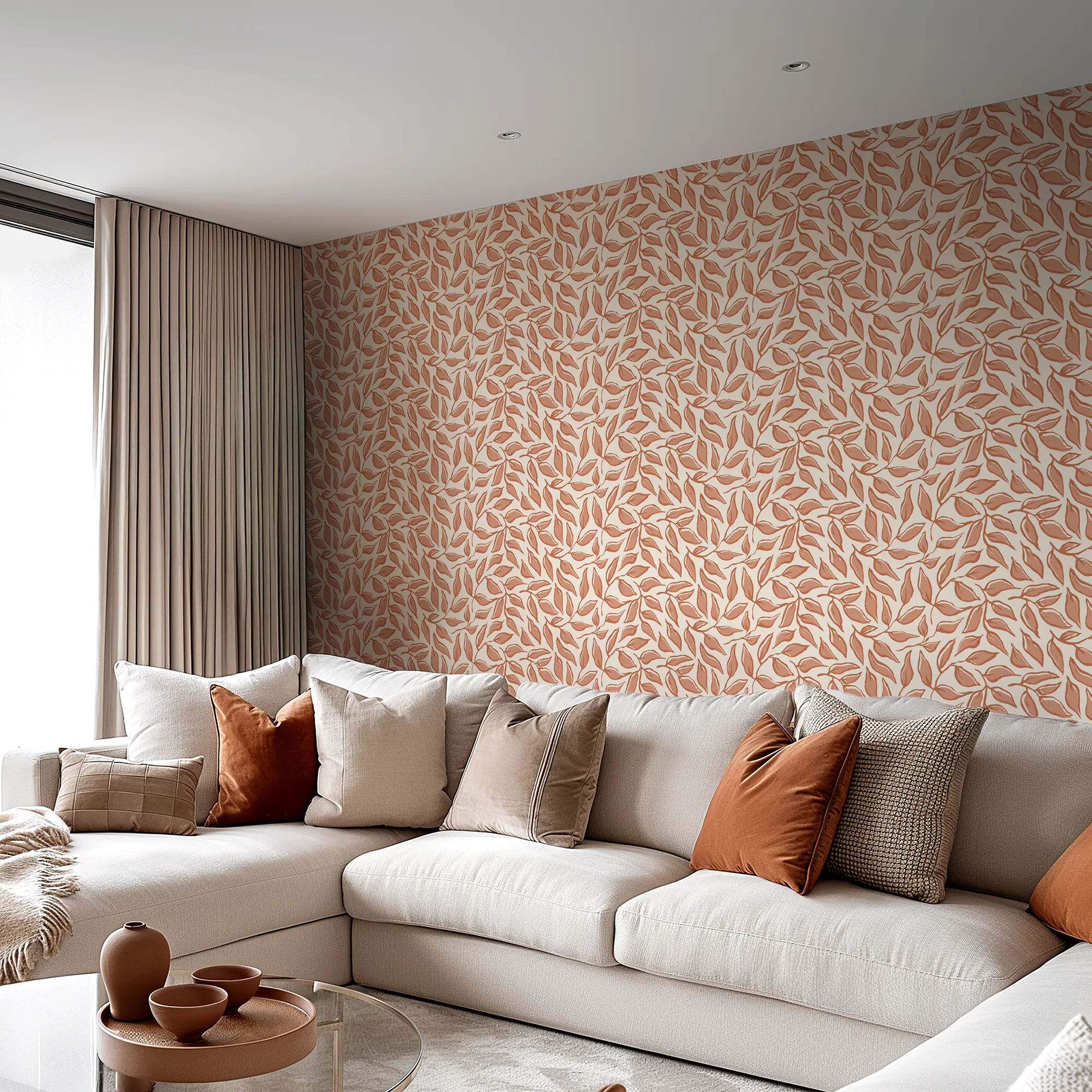 Scattered Leaf Wallpaper in Terracotta on Cream - Image 2