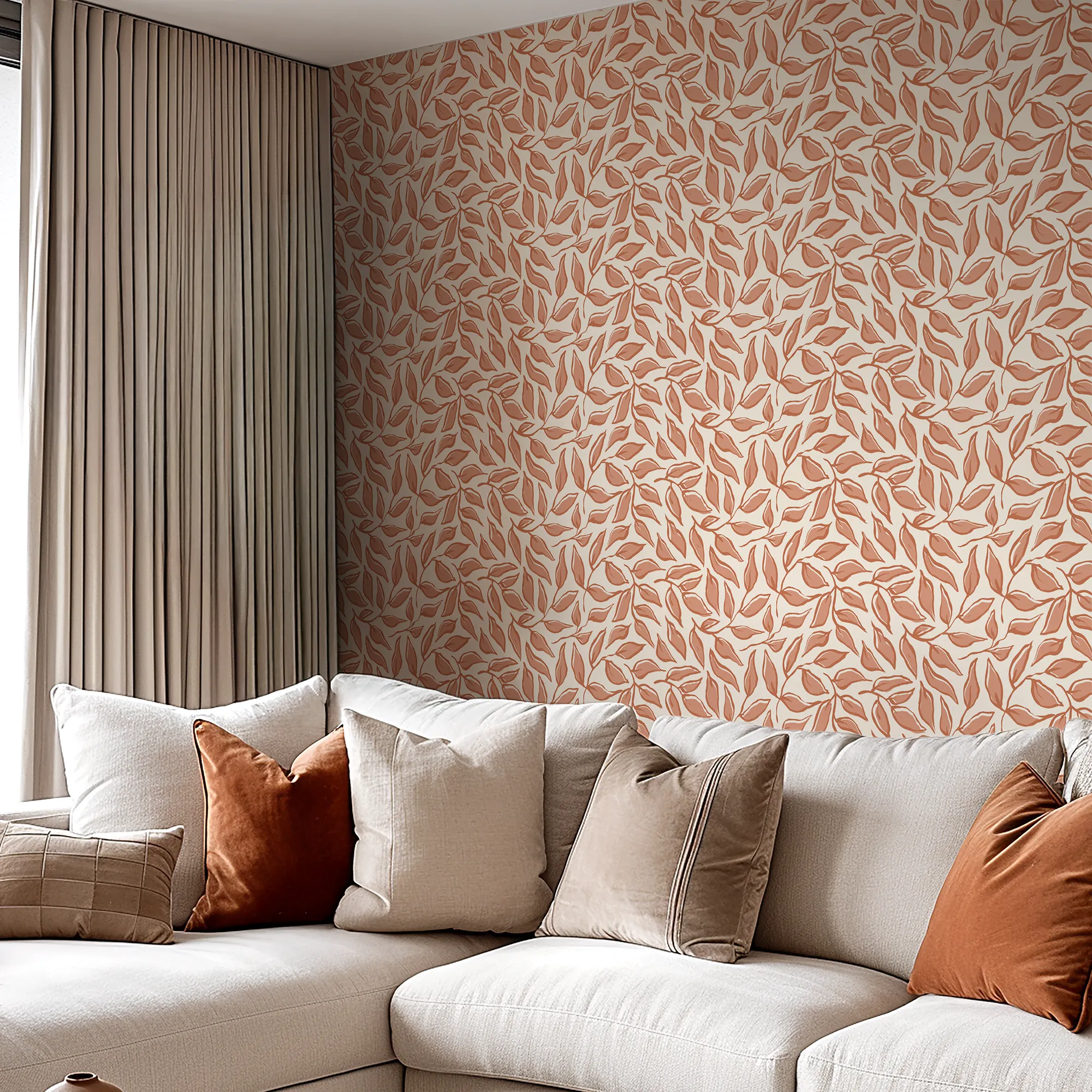 Scattered Leaf Wallpaper in Terracotta on Cream - Image 3