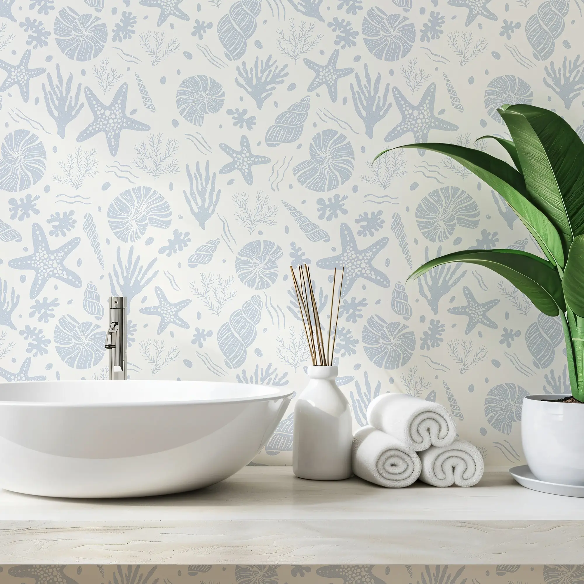 Seastars and Seashells Wallpaper in Blue - Image 2
