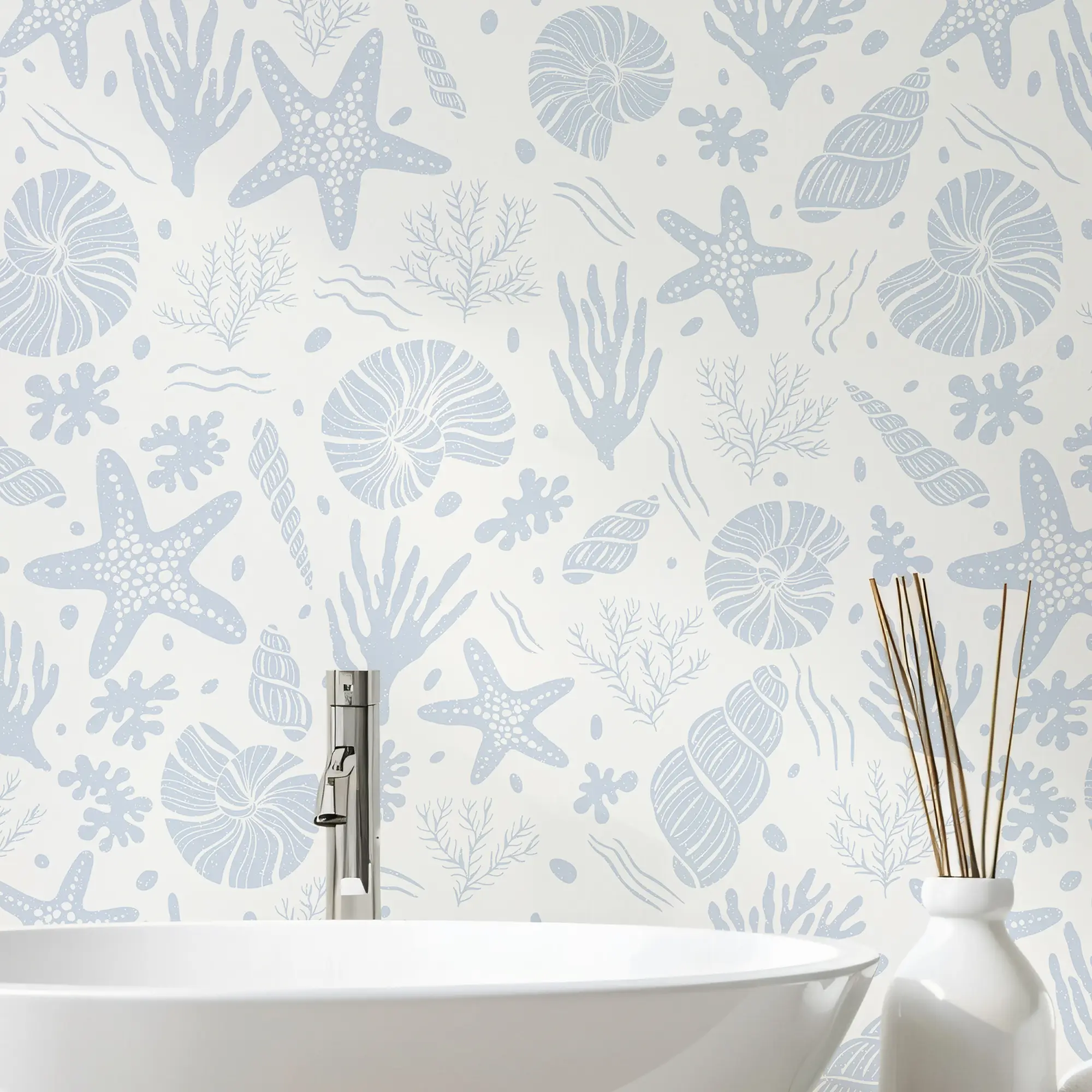 Seastars and Seashells Wallpaper in Blue - Image 3