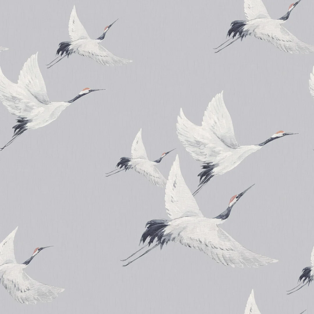 Soaring Cranes Wallpaper in Grey