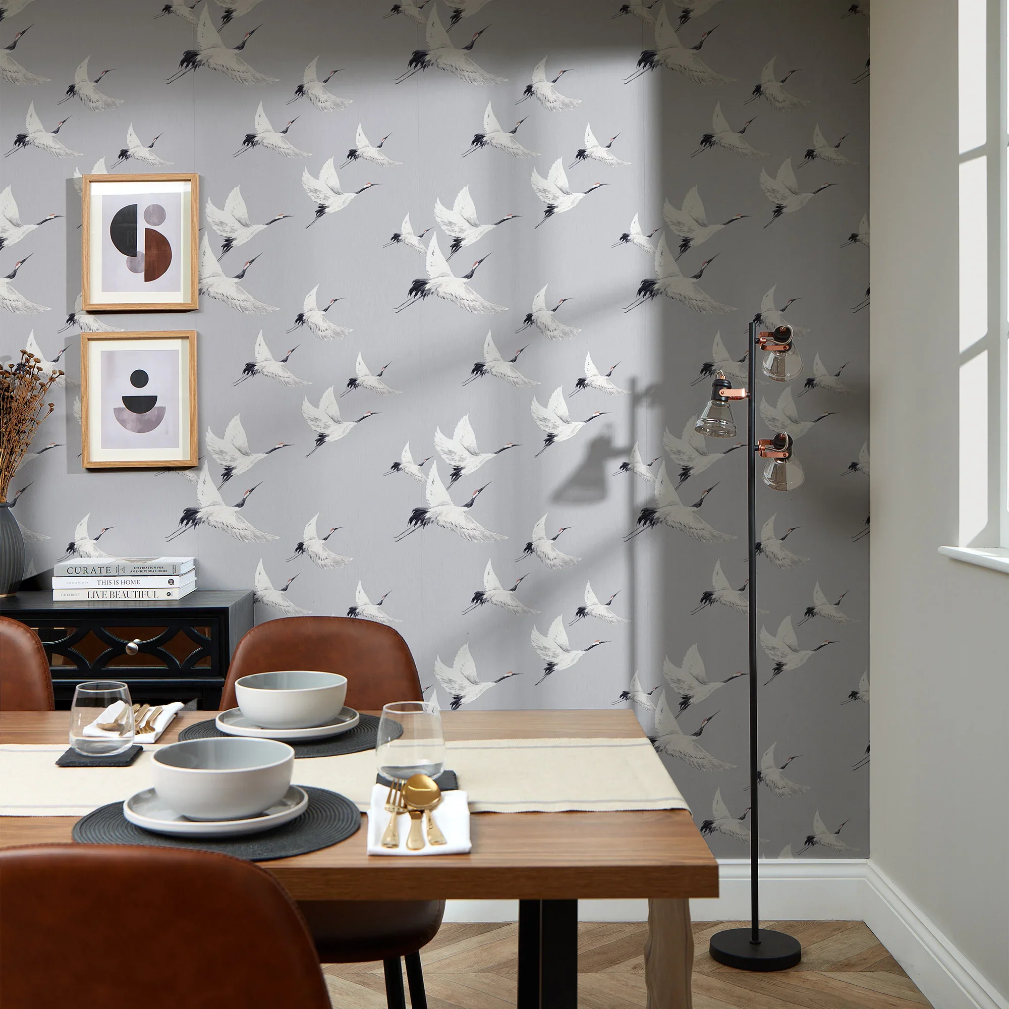Soaring Cranes Wallpaper in Grey - Image 2