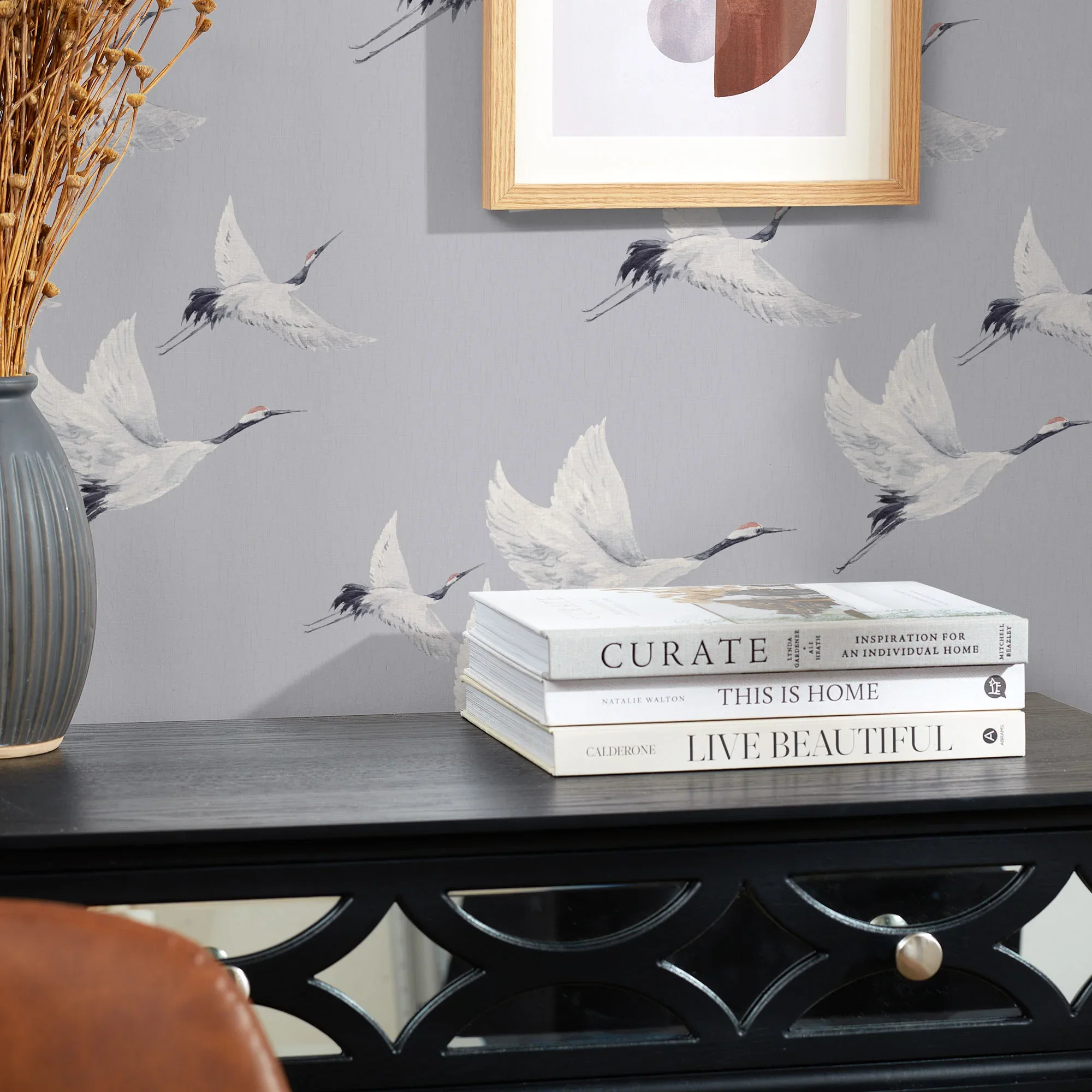 Soaring Cranes Wallpaper in Grey - Image 3