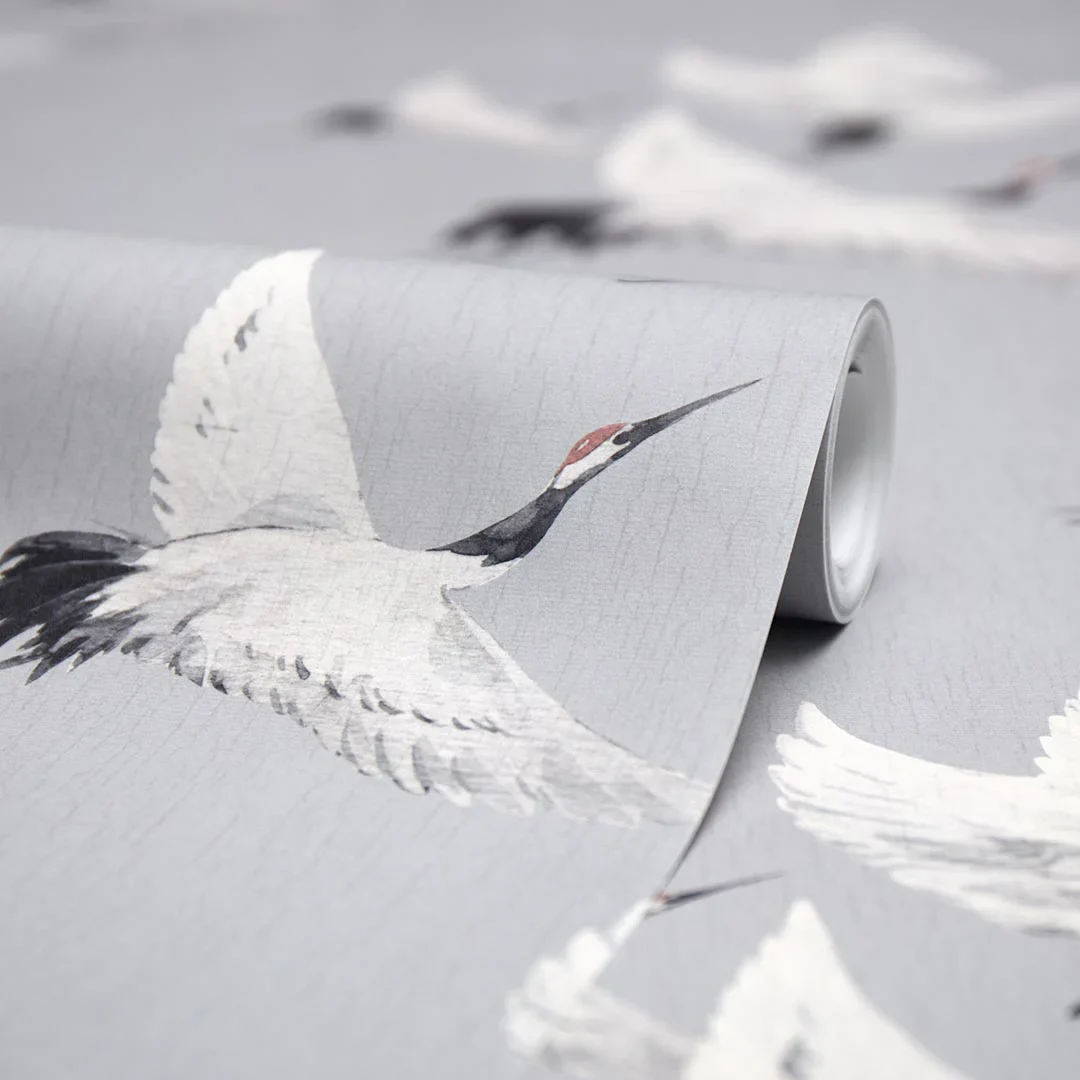 Soaring Cranes Wallpaper in Grey - Image 4
