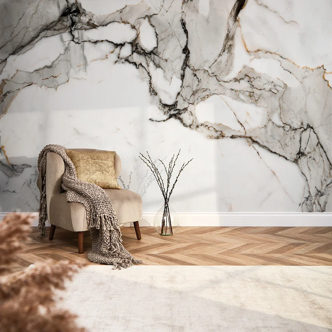 Statuario Marble Full Wall Mural in Grey Tones - Image 2
