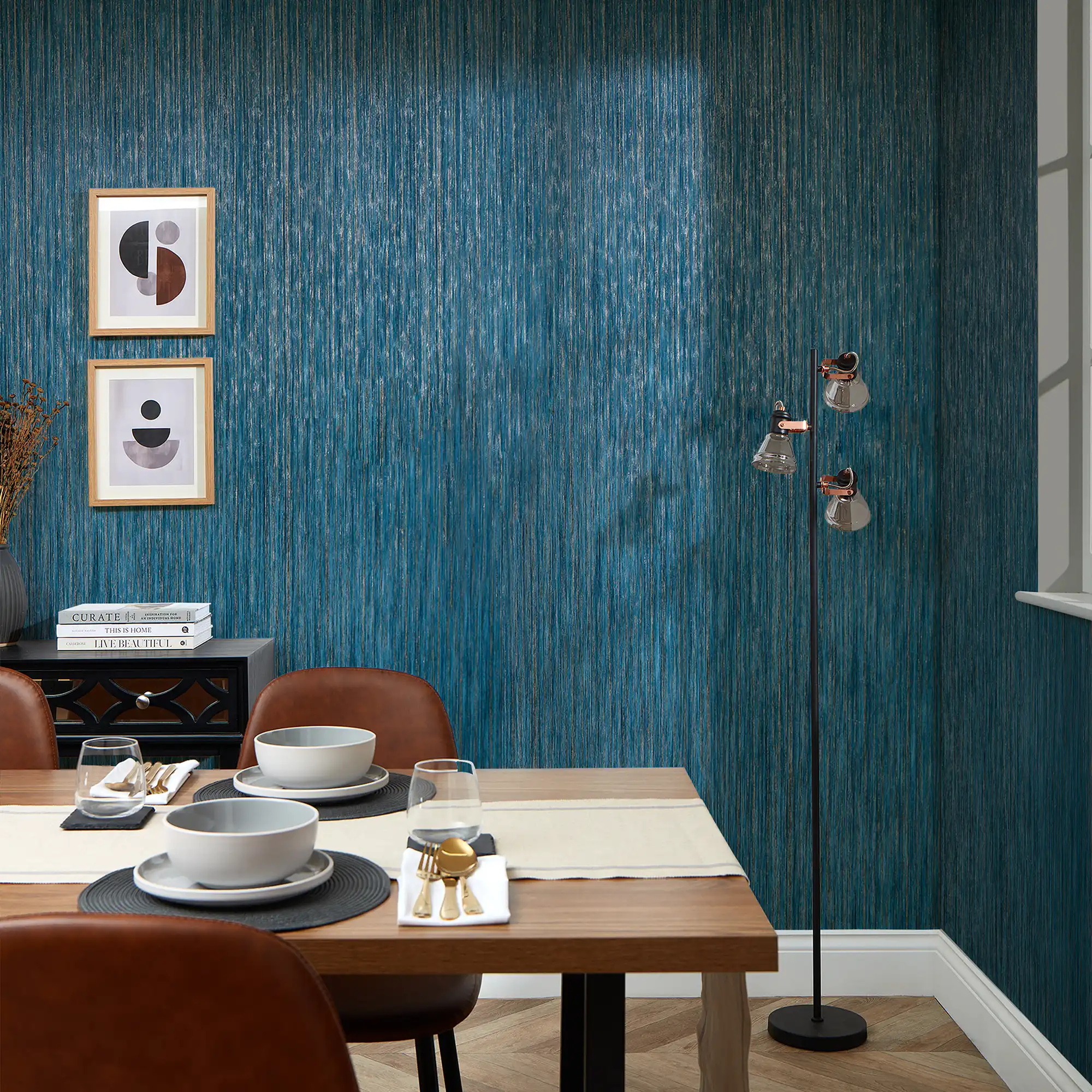 Strata Wallpaper in Blue with Gold Metallic - Image 2