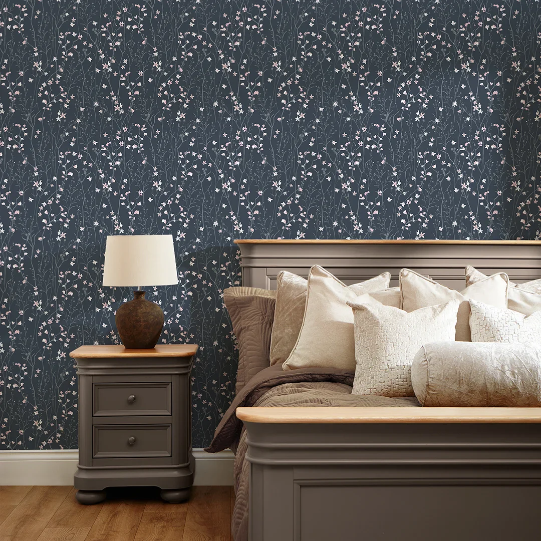 Summer Meadow Wallpaper in Navy and Pink - Image 2