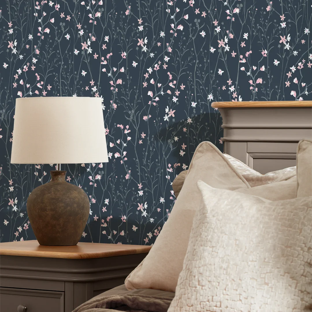 Summer Meadow Wallpaper in Navy and Pink - Image 3